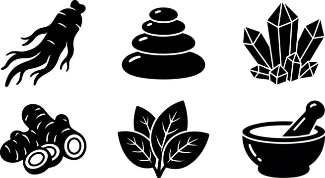 Black and white vector icons of ginseng root stacking stones crystals turmeric leaves and mortar