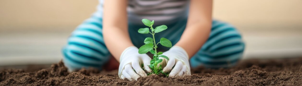 Low-angle close-up Child's gloved hands carefully plant a vibrant green seedling into fertile soil. Symbolizing nurturing growth, environmental care and a hopeful future. Planting,