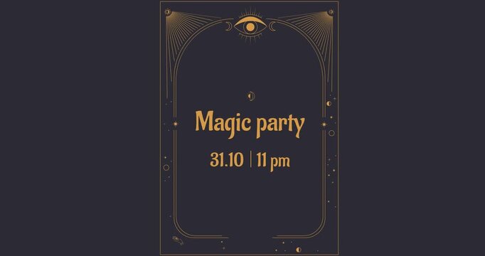 Magic party poster. Moving postcard or invitation with esoteric attributes and golden lines. Mystic, witchcraft, and sorcery. Outline graphic human made animated cartoon