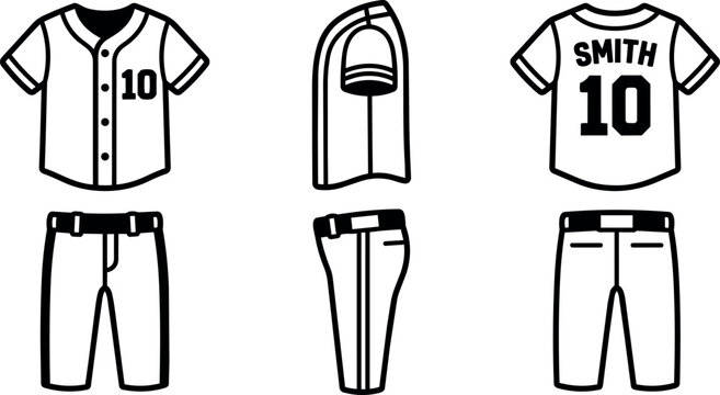 Black and white baseball uniform set with number ten and name smith flat vector art