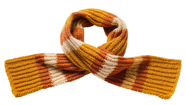 Isolated striped knitted scarf in warm orange, yellow, and cream, a cozy winter accessory