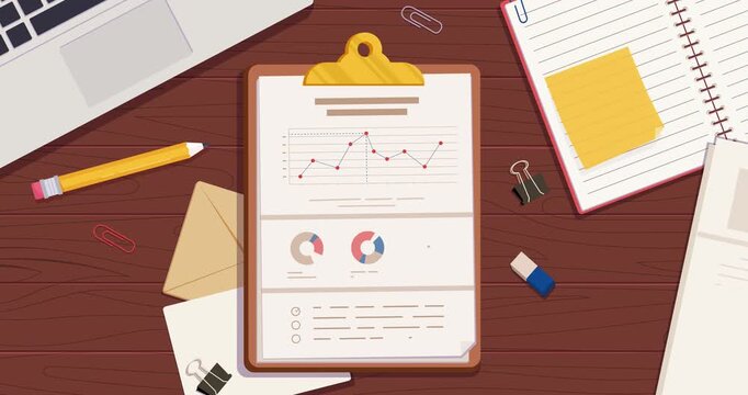 Office worker workplace. Moving banner with top view of table with business documents, financial statistics, laptop, notepad. Flat graphic human made animated cartoon