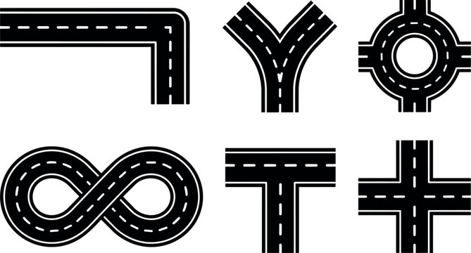 Black and white vector road junction icons with curves and intersections