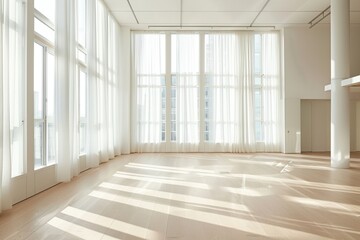 Fototapeta premium The transition and shift in office space real estate post-pandemic showing a bright modern interior with large windows and sunlight streaming in The empty space is ready for new tenants.