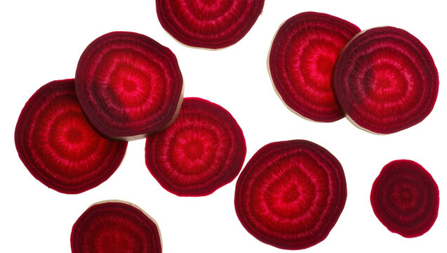 Isolated sliced red beets, healthy root vegetable ingredient for fresh food cooking