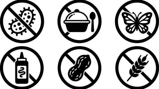 Black and white allergen free icons with no bacteria food butterfly mustard peanut wheat