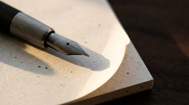 Titanium Nib Fountain Pen on FSC Recycled Paper Stack &ndash; Document of Change &ndash; ESG Executive Audit Macro &ndash; Warm Golden-Hour Side Light