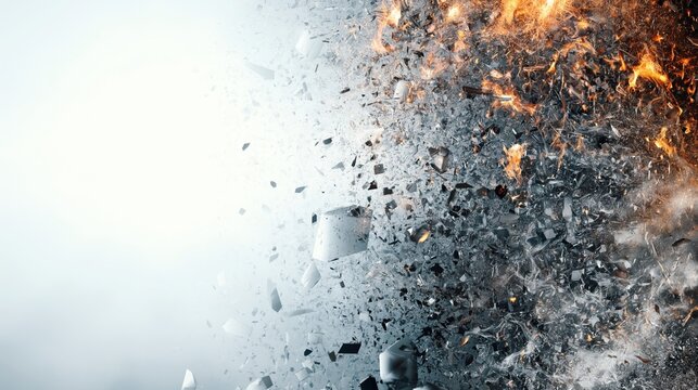 Disruption and chaos with an abstract image of destruction Fragmentation and implosion with fire and shattered glass on a white background representing crisis and conflict.