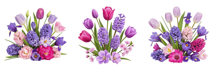 Obraz premium Spring Flower Bouquet, Three Beautiful Mixed Floral Arrangements with Tulips Hyacinths and Irises Isolated on White Background, Colorful Garden Blossom Set for Mother's Day Design Asset