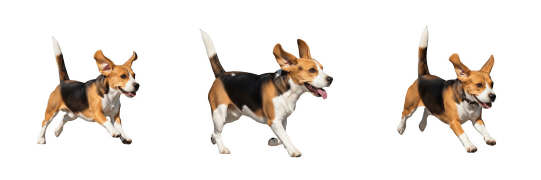 Beagle Canis lupus familiaris Running Isolated on White Background, Set of Three Tricolor Hound Dog Galloping and Trotting Perspectives, Active Domestic Pet in Motion, Side Angle View