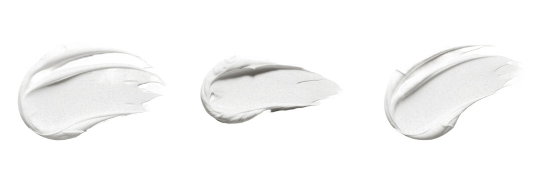 White Cosmetic Cream Smears Isolated on White Background, Set of Three Luxurious Skincare Product Swatches, Moisturizer or Face Mask Texture, Beauty and Dermatological Treatment Concept
