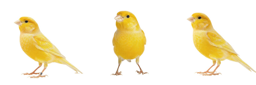 Domestic Canary Serinus canaria domestica, Three Small Yellow Songbirds Isolated on White Background, Vibrant Feathered Pet Birds Standing and Front View Set, Avian Wildlife Asset