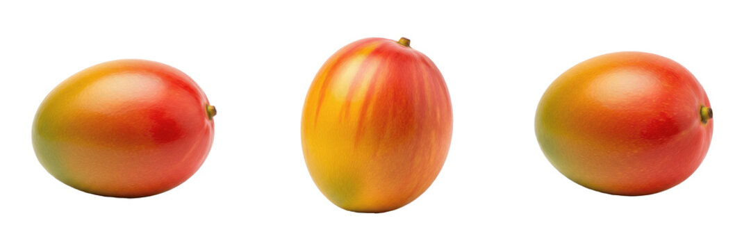 Mango Mangifera indica, Three Ripe Red and Yellow Whole Mango Fruits Isolated on White Background, Fresh Organic Tropical Fruit Set, Sweet Healthy Nutrition and Juicy Dessert Asset