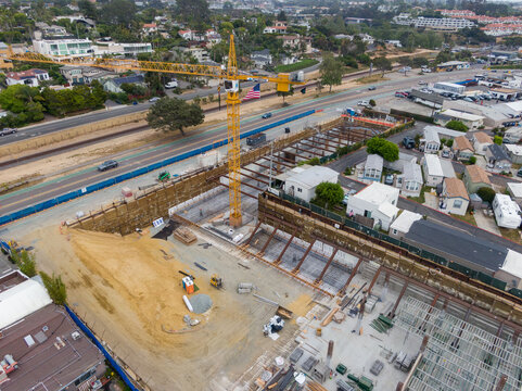 Aerial Drone View of "The Captain" Mixed-Use Construction Site in Encinitas, California