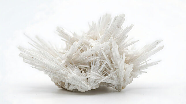 Close-up of a cluster of white needle-like crystals on a white background