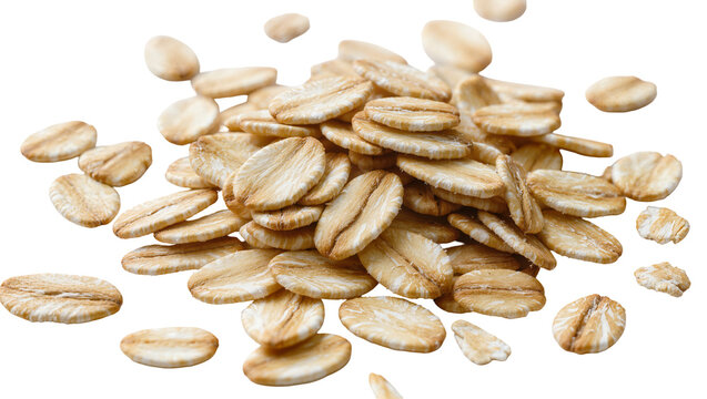 Isolated pile of wholesome oat flakes for healthy breakfast cereal or baking ingredients