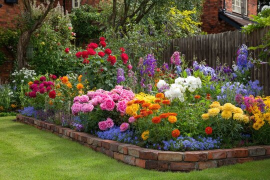 Lush flower bed brimming with vibrant blooms, brick edging, and green lawn