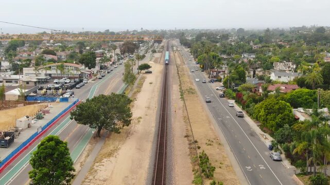 Aerial View of NCTD Coaster Train and Coastal Construction in Encinitas, California