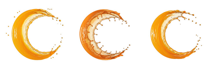 Orange Juice Splash and Circular Liquid Wave Set Isolated on White Background, Dynamic High Speed Photography of Citrus Drink Swirling into Crescent Shapes for Refreshing Beverage Design © Suarezo