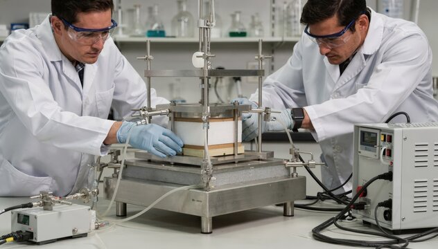 Medium shot of a guarded hot plate setup in a thermal conductivity lab with technicians adjusting sample slabs to evaluate insulation efficiency.