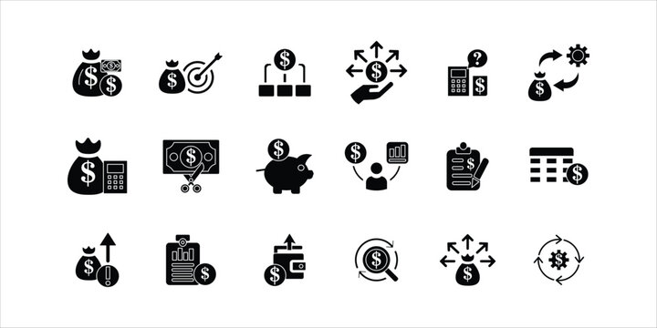 budget icons set. money allocation, budgeting, spending, money tracking, spreadsheet, expenses, cash flow and more. simple solid vector