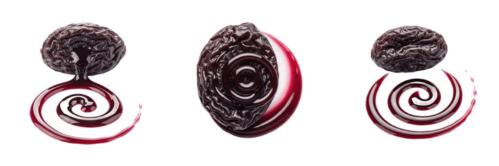 Raisin Vitis vinifera with purple juice swirl, dried grape fruit with sweet berry syrup splash, realistic organic raisin set with liquid spiral, isolated on white background. © Petesh