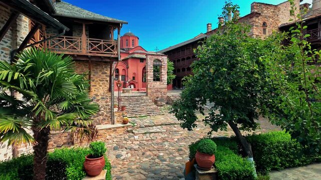 Steadicam Reveal of Xenophontos Monastery Inner Courtyard