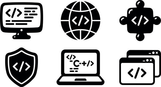 Black coding icons set with computer globe puzzle shield laptop and browser
