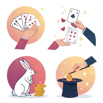 Magic Show Illustration Cards Rabbit Coins Hat Trick