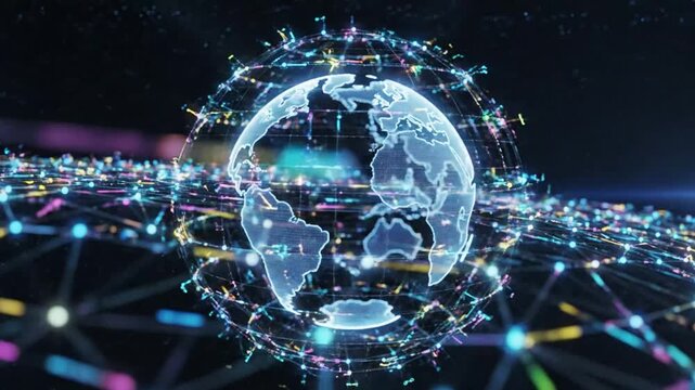 Global digital network with Earth in center, connected by glowing abstract strings and dots, representing communication