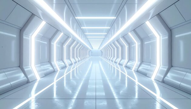 Futuristic, bright, symmetrical corridor with glowing white lights reflecting on a smooth surface