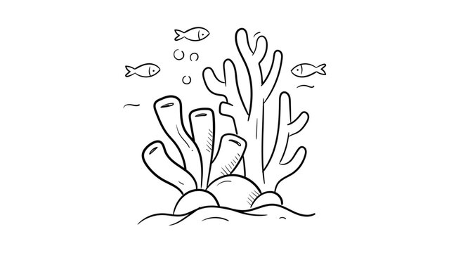 Minimalist black line vector icon illustration of a coral reef with swimming fish and bubbles on a white background, ideal for marine life, ocean conservation, and underwater nature themed designs.