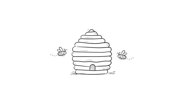 Minimalist black line vector illustration of a traditional straw beehive skep with honey bees flying around it, hand-drawn outline icon on a white background for nature and honey production.