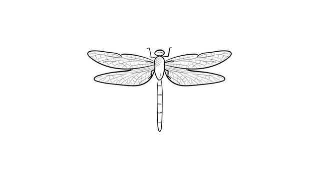 Minimalist black line vector illustration of a dragonfly with detailed wings, isolated on a white background. This hand-drawn icon represents nature and insects in a clean, scalable graphic style.