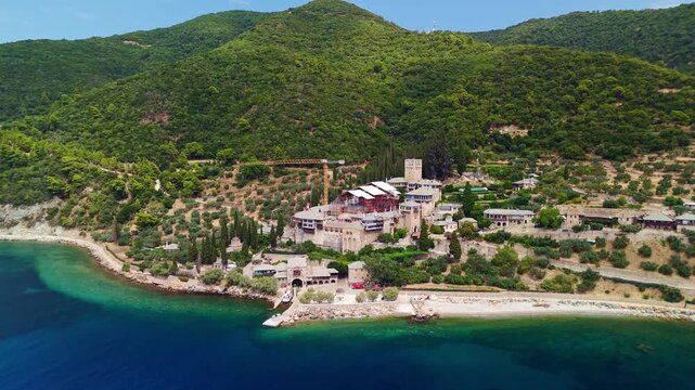 Aerial View of Dochiariou Monastery, monastic state of Mount Athos in Greece.