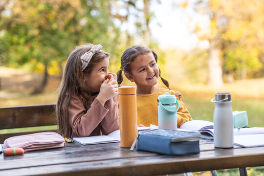 Two young girls stand together in the park, sharing a quiet and friendly moment. They seem relaxed and comfortable, enjoying the nature around them.
