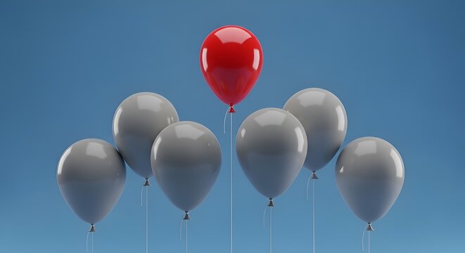 Red balloon floating above gray balloons against blue sky