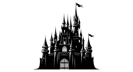 Fototapeta premium Magical fairytale castle silhouette icon, fantasy kingdom graphic element, princess palace vector illustration on white background