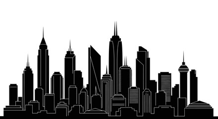 Obraz premium Modern City Skyline Silhouette Vector Illustration. Generic Urban Landscape with Skyscrapers and Tall Buildings in Black and White.
