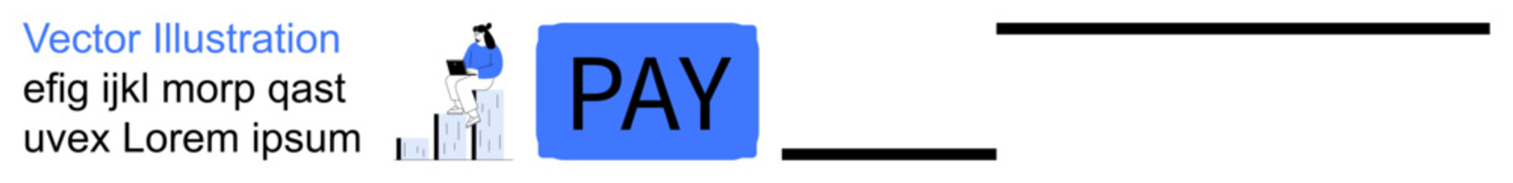 Digital transactions, online shopping, fintech, e-commerce, money transfer, automated payments. A person with financial bar graphs next to a Pay button. Digital transactions and fintech concepts
