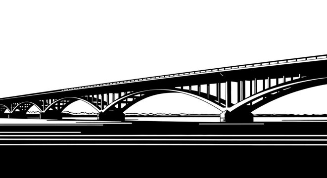 Architectural drawing of a long arch bridge in black and white, emphasizing its structural design and modern construction