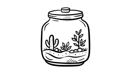 Minimalist black line vector icon of a glass terrarium jar with cactus and plants, hand-drawn outline illustration of a miniature indoor garden ecosystem, scalable graphic on white background. © natalee