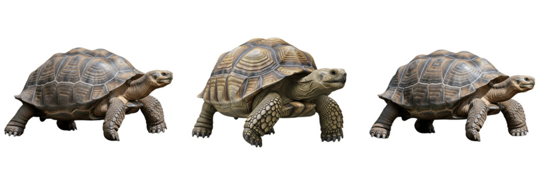 Collection of Giant Galapagos Tortoises Isolated on White Background, Set of Ancient Chelonoidis Niger Reptiles in Various Walking Poses for Nature, Wildlife, and Zoology Concept Illustration