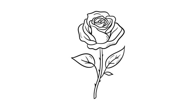 Elegant minimalist black line vector icon illustration of a blooming rose flower with stem, leaves, and thorns, hand-drawn botanical design element isolated on white background for logo or tattoo.