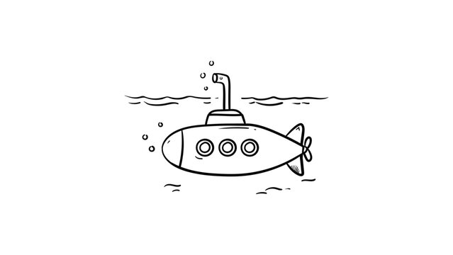 Minimalist black line vector illustration of a submarine submerged in water with periscope and bubbles. Hand-drawn outline icon for marine, nautical, and underwater exploration themes.