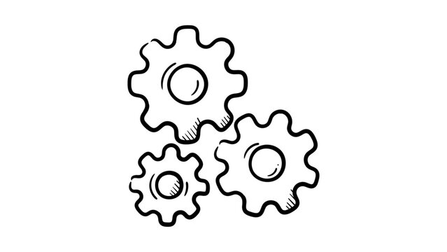 Hand-drawn minimalist black line vector icon of three interlocking gears on a white background, representing a mechanism, process, teamwork, or engineering concept in a clean doodle illustration.