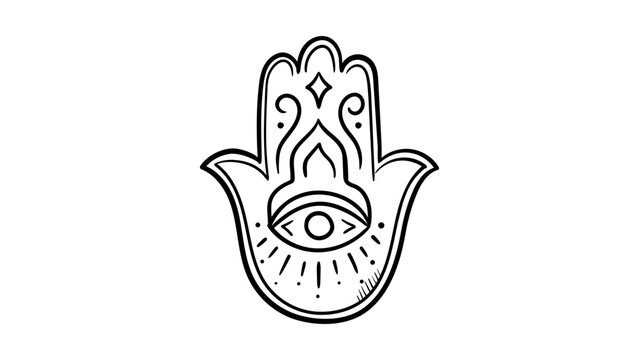 Minimalist black line vector icon of a Hamsa hand with an evil eye symbol, hand-drawn outline illustration for protection, luck, and spiritual themes, scalable SVG graphic on white background.