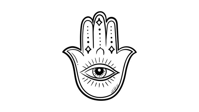 Minimalist black line vector illustration of a Hamsa hand icon featuring an evil eye, lotus flower, and decorative floral branches on a white background. Hand-drawn outline symbol for protection.
