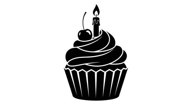 Black cupcake with a lit candle and cherry a striking silhouette