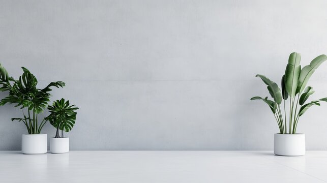 Clean minimalist interior Potted tropical plants frame a blank concrete wall and white floor. Modern, serene backdrop for product display, virtual staging, or design. Greenery, Mockup